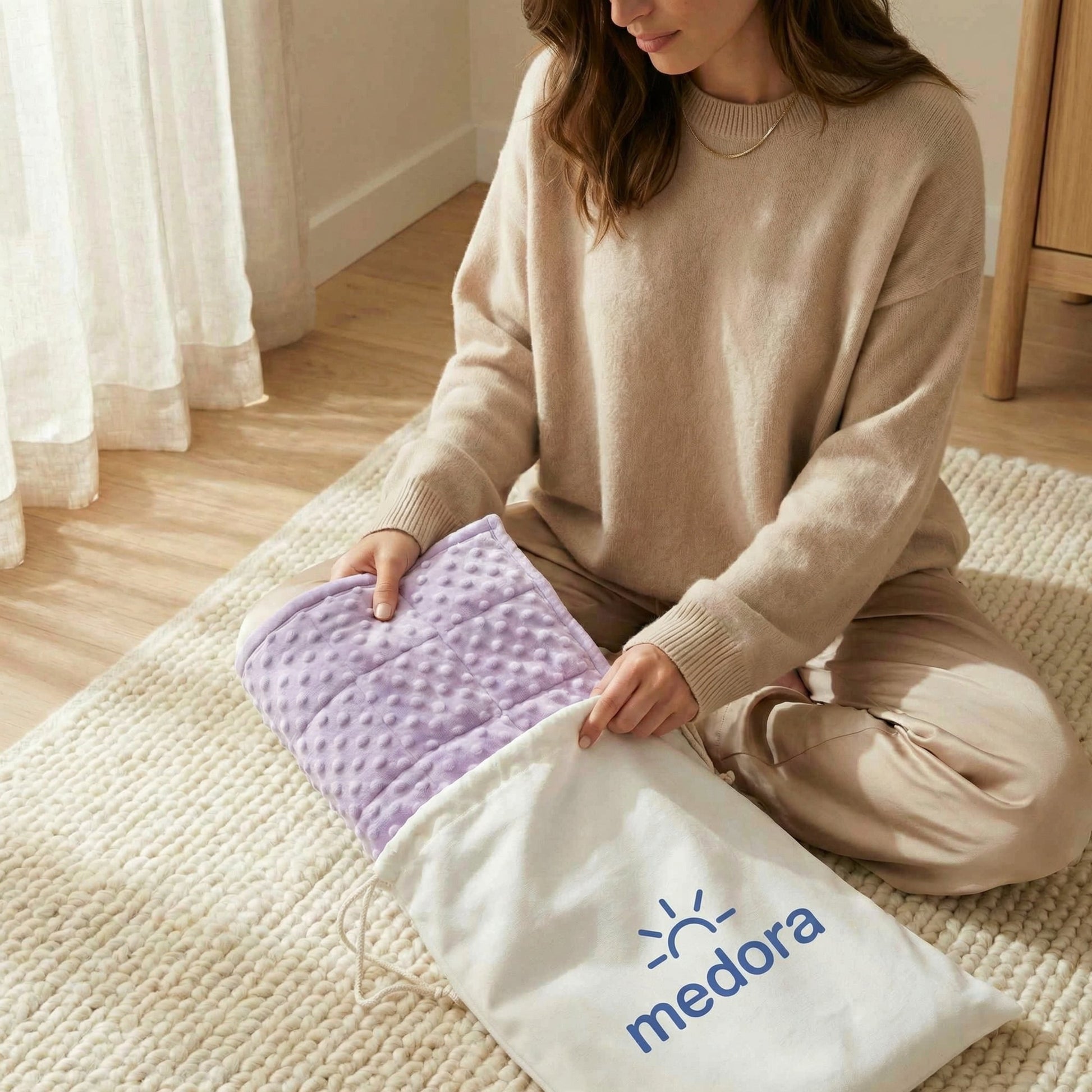 Woman using Medora weighted lap pad for anxiety and focus at home